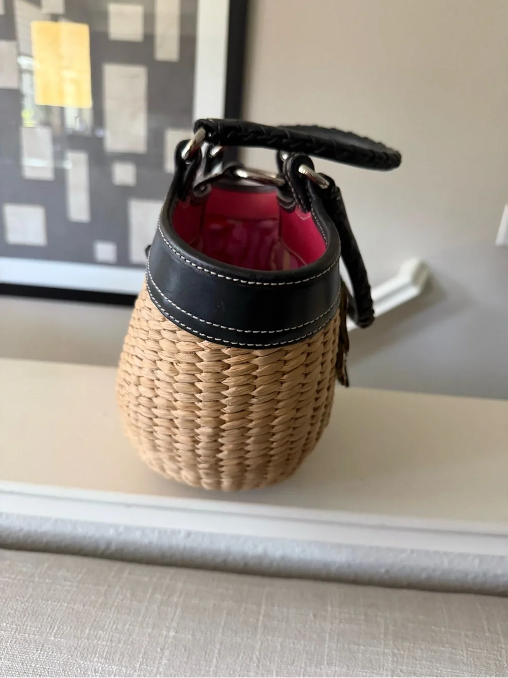 Coach Straw Tote with Black Trim and Pink Interior Accent - Picture 3 of 13